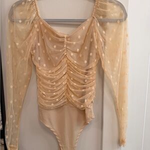 Windsor Nude Tan Polka Dot Sheer Ruched Bodysuit